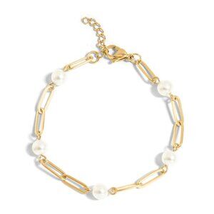18k Gold PVD Paperclip Pearl Bracelet, Hypoallergenic, Water & Tarnish-Resistant